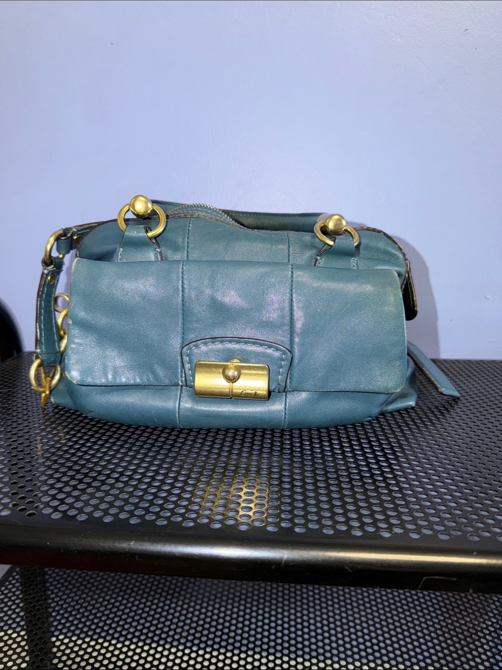 Teal Leather Shoulder Bag with Gold Hardware
